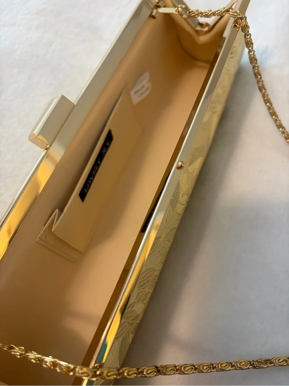 Gold Floral Embossed Evening Clutch with Chain Strap